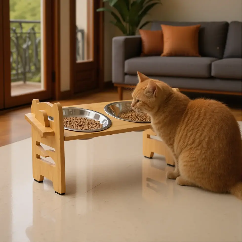 Bamboo wood feeder with 2 steel bowls for cats and small dogs adjustable angle