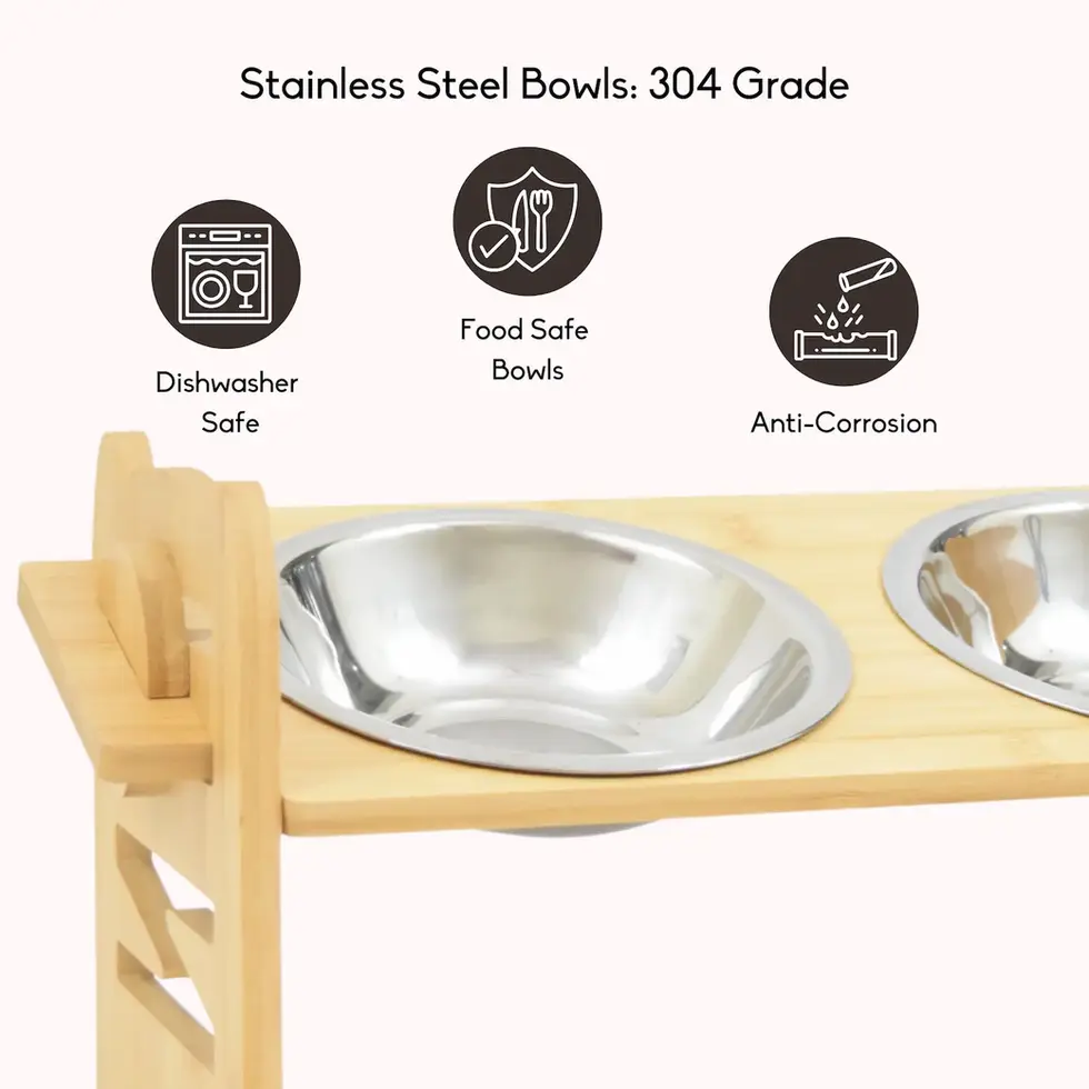 Bamboo wood feeder with 2 steel bowls for cats and small dogs adjustable angle