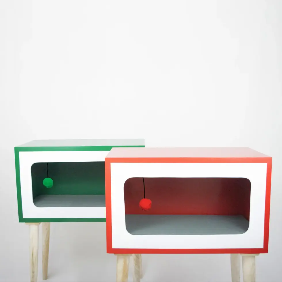Telly tall in red and green color solid wood side table for cats side by side