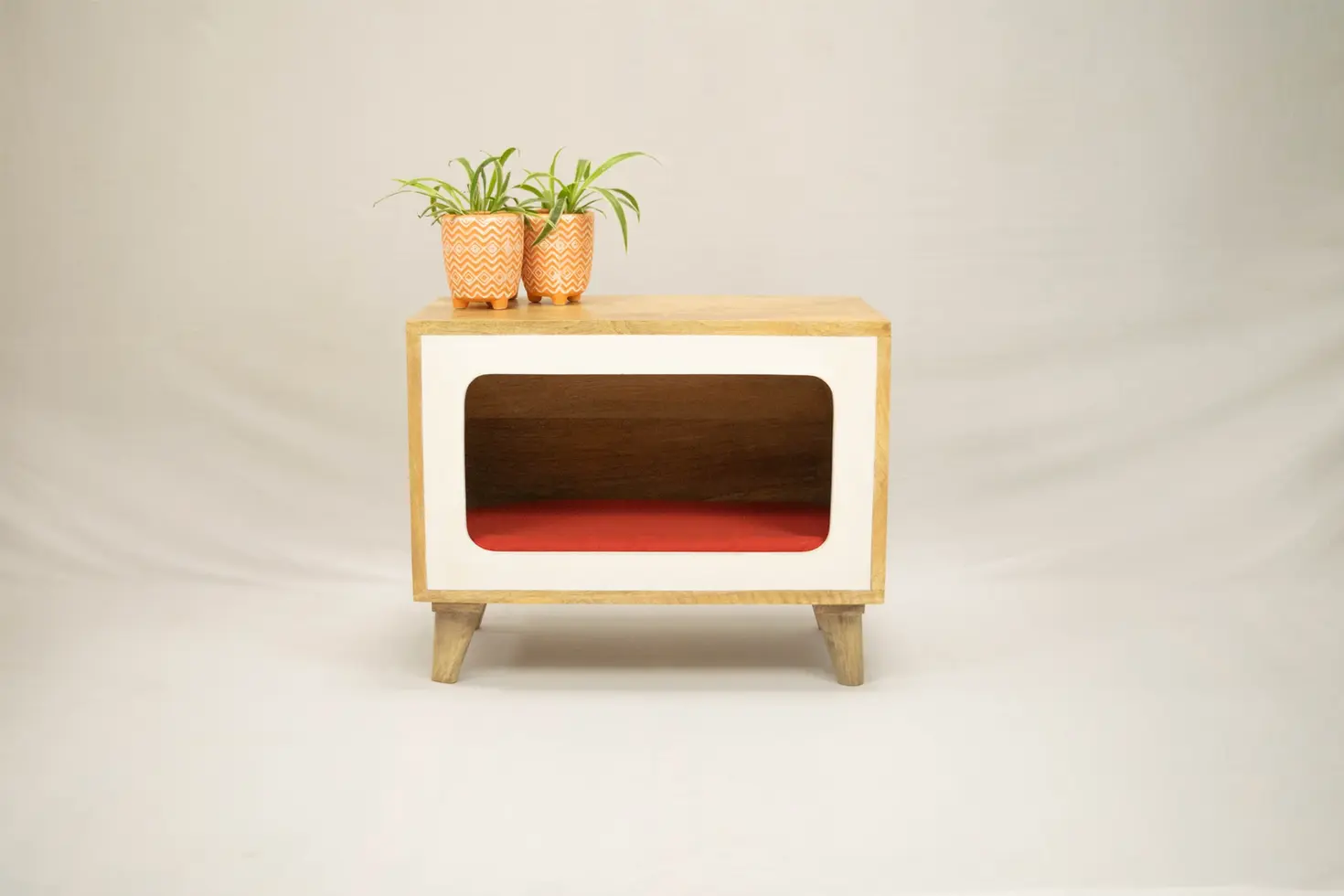 Telly Side cabinet in oak finish with red fabric