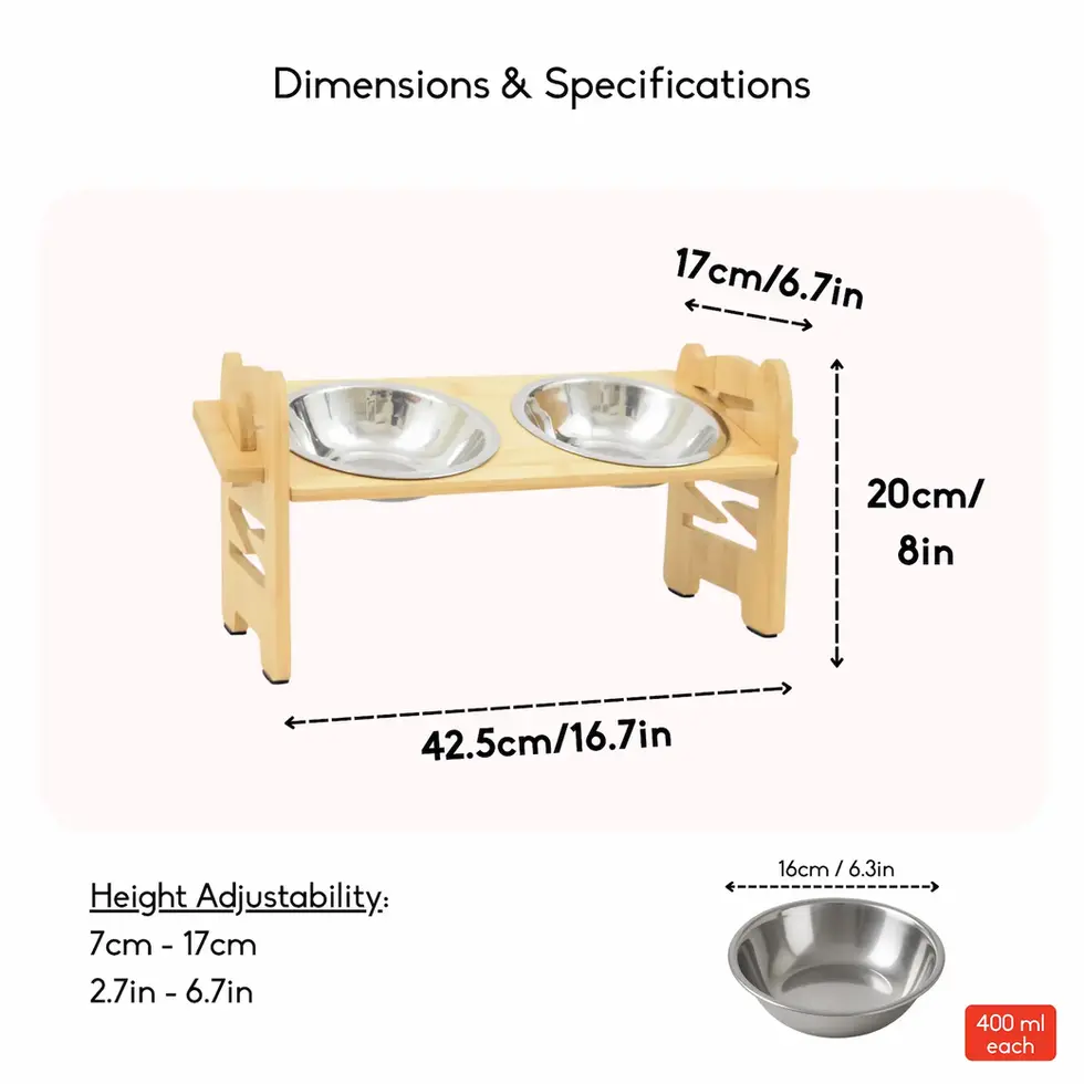 Bamboo wood feeder with 2 steel bowls for cats and small dogs adjustable angle