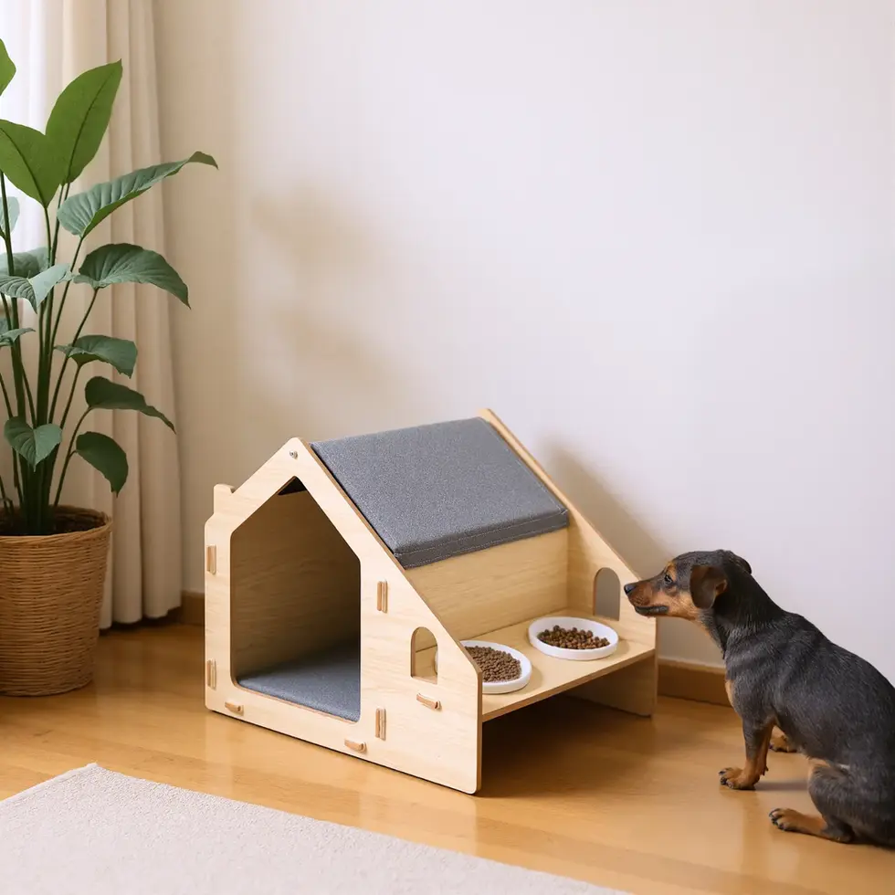 Furryliving Lara cat dog house kitten wooden diy playing lounging feeder elevated diner