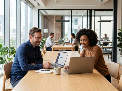 homem e mulher em escritório olhando informações no notebook.