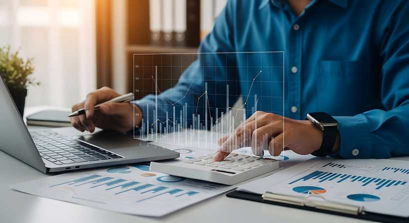 Pessoa com calculadora, notebook e planilhas. 