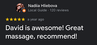 Screenshot of a five-star client review praising David Holden’s massage therapy services.