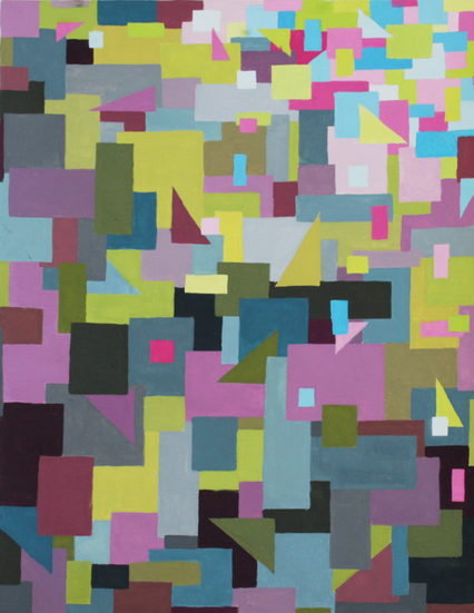 An acrylic gouache painting that depicts many squares, rectangles, and triangles increasing in size diagonally. The shapes are different values of magenta, cyan, and lime green.
