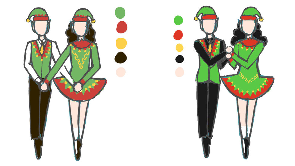 A t-shirt design depicting two Irish dancers holding hands while wearing elf costumes.