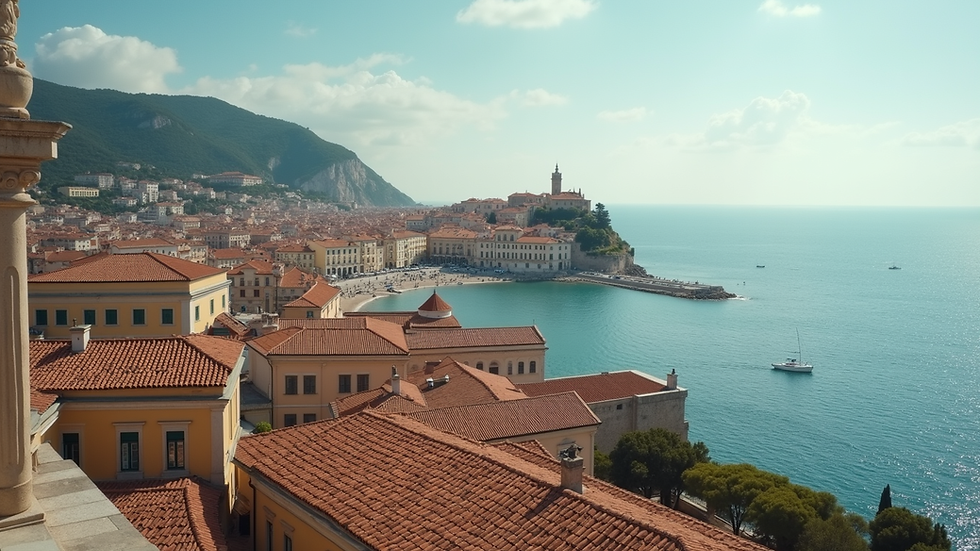 High angle view of a coastal city with historical architecture