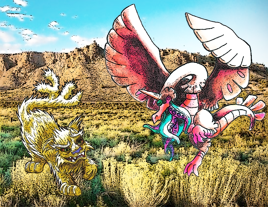 Cactus Cat and Snallygaster in a Chapparal background.