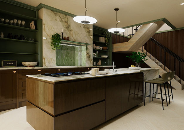 Calm, earthy-toned kitchen rendering showcasing warm materials, soft light, and an inviting, organic flow.