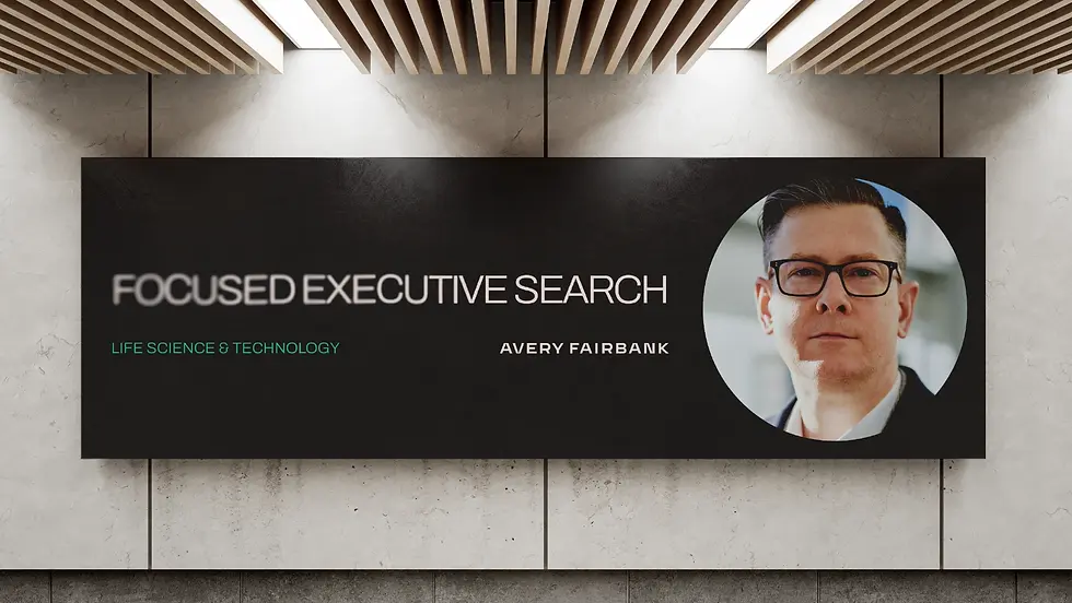 Billboard saying "Focused Executive Search" with a man in a circle on a black background.
