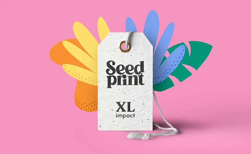 Seed Print brand case study with business card and abstract plants behind