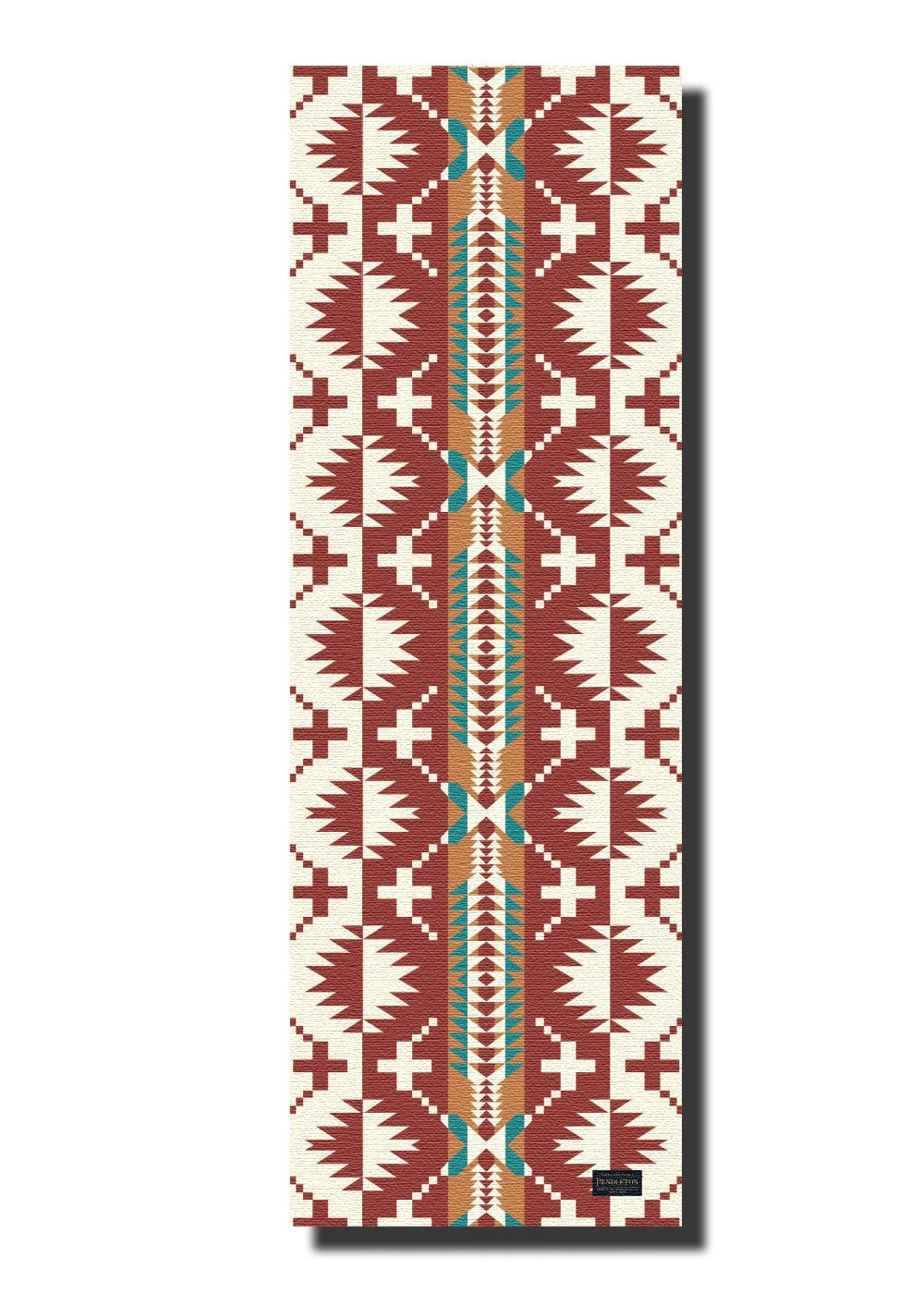 full top view of White sands yoga mat tribal geometry in reds and turquoise for grounded, mindful practice.