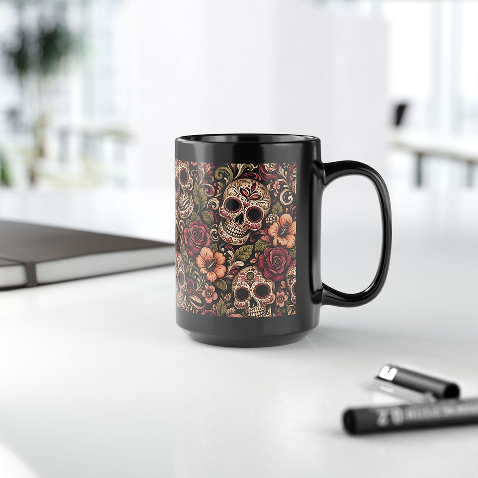 Thumbnail: Day of the Dead Sugar Skull Black Mug Floral Calavera Coffee Cup