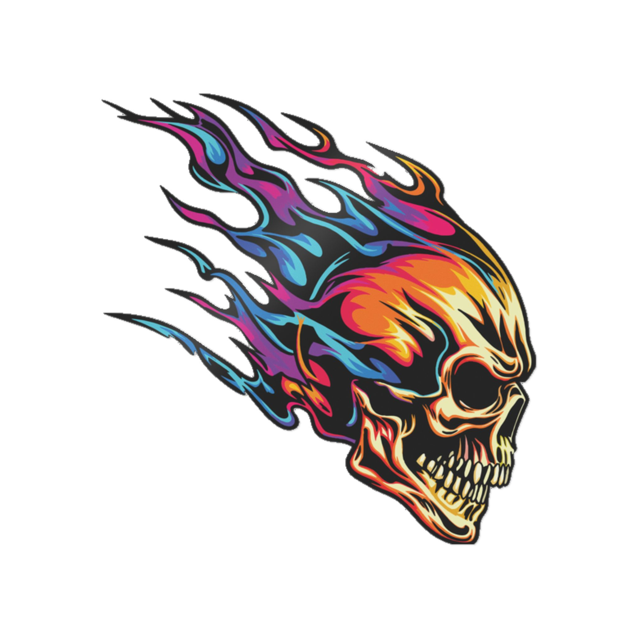 Flaming Colorful Skull Sticker Right Side Facing | Die-Cut Sticker
