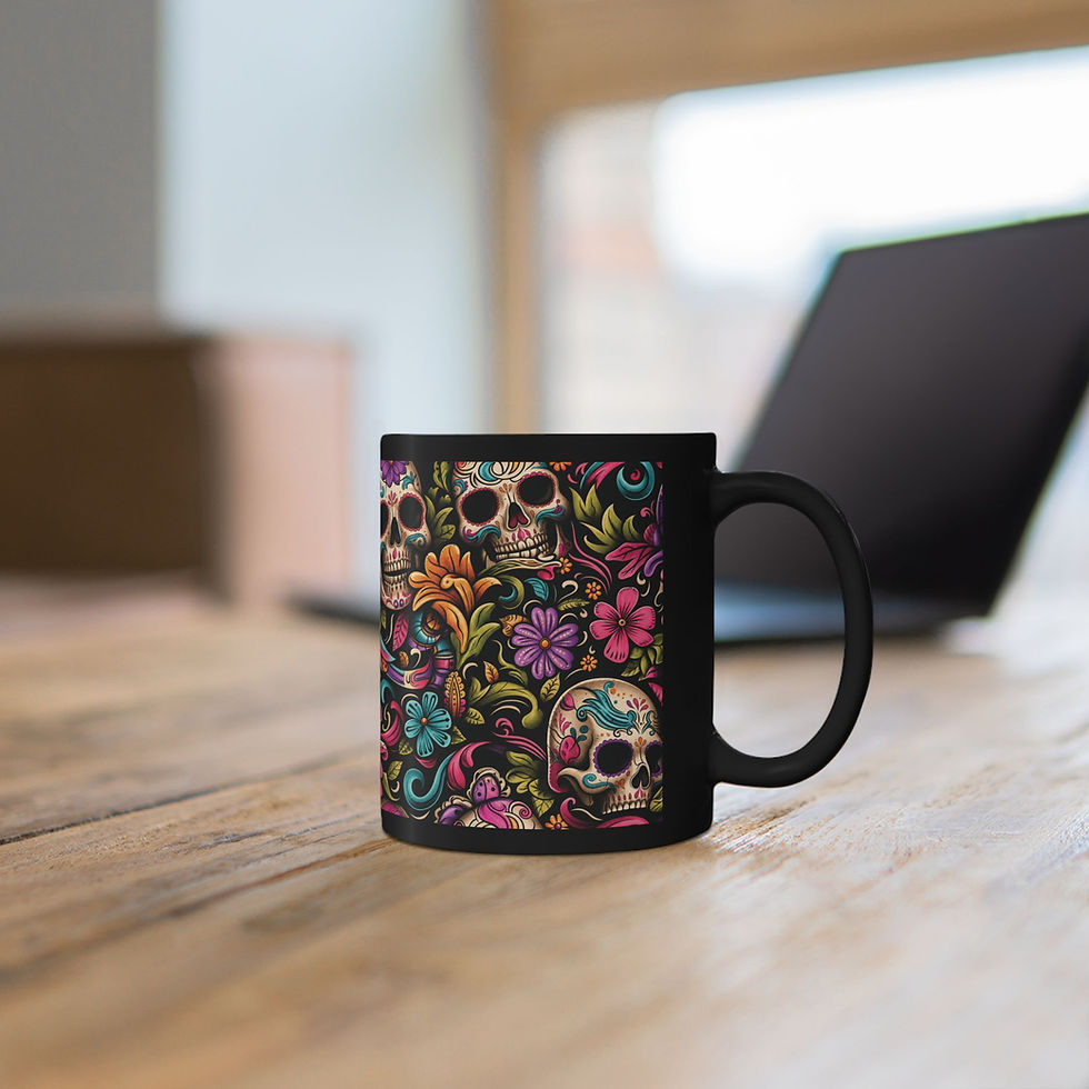 Thumbnail: Day of the Dead Skull Floral Mug — Black Ceramic Coffee Cup (11oz/15oz)