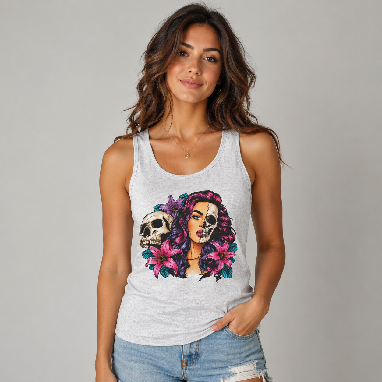 Half Skull Woman with Pink Flowers Tank Top | Day of the Dead Floral