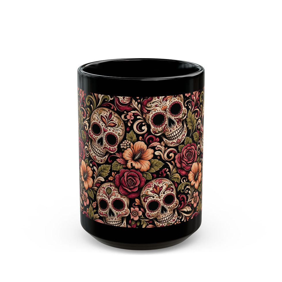 Thumbnail: Day of the Dead Sugar Skull Black Mug — Floral Calavera Coffee Cup 