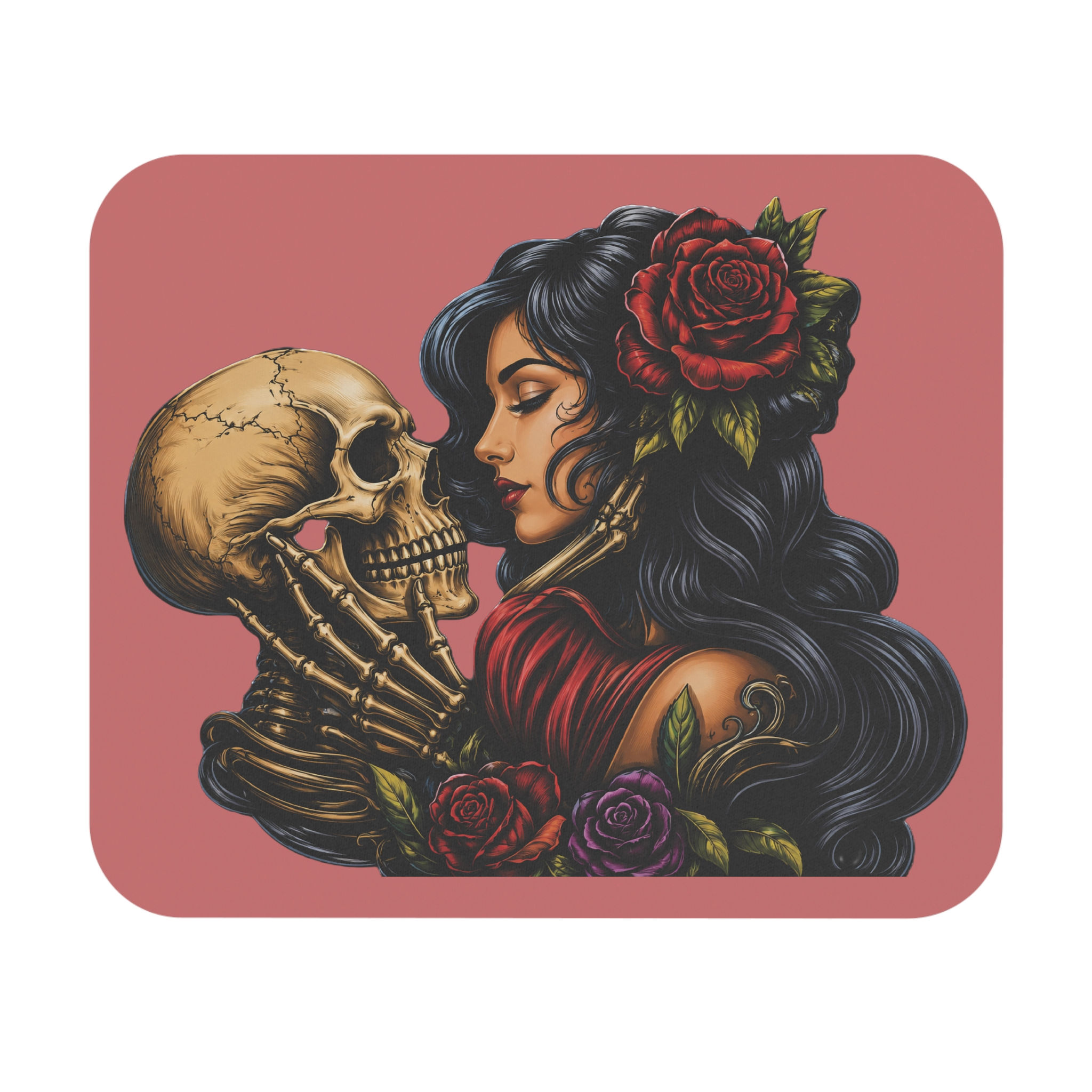 Romantic Skull and Rose Mouse Pad | Gothic Woman Embrace, Dark Vintage Art