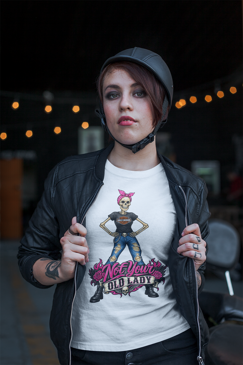 Thumbnail: Not Your Old Lady Skeleton Rocker T-shirt  Confident Biker Skull Design