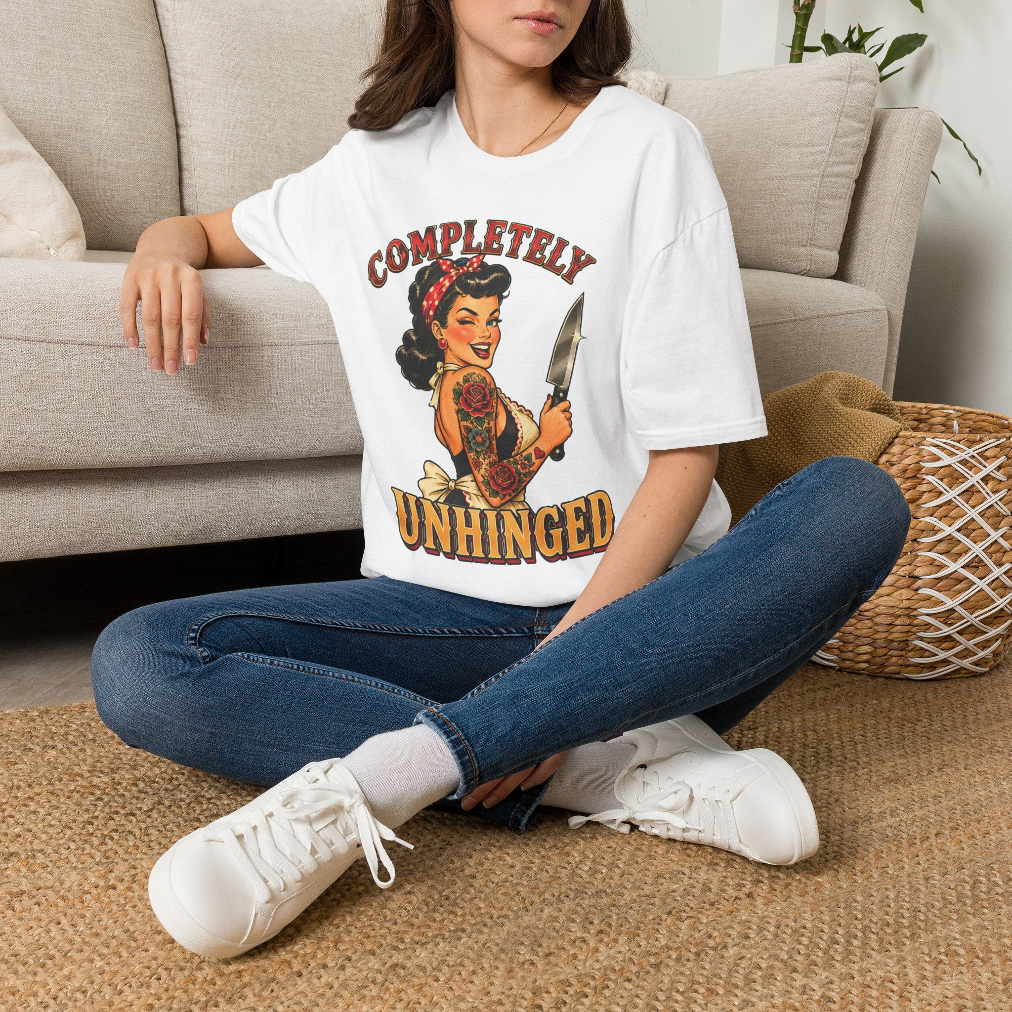 Completely Unhinged T-Shirt Retro Pinup Woman with Knife