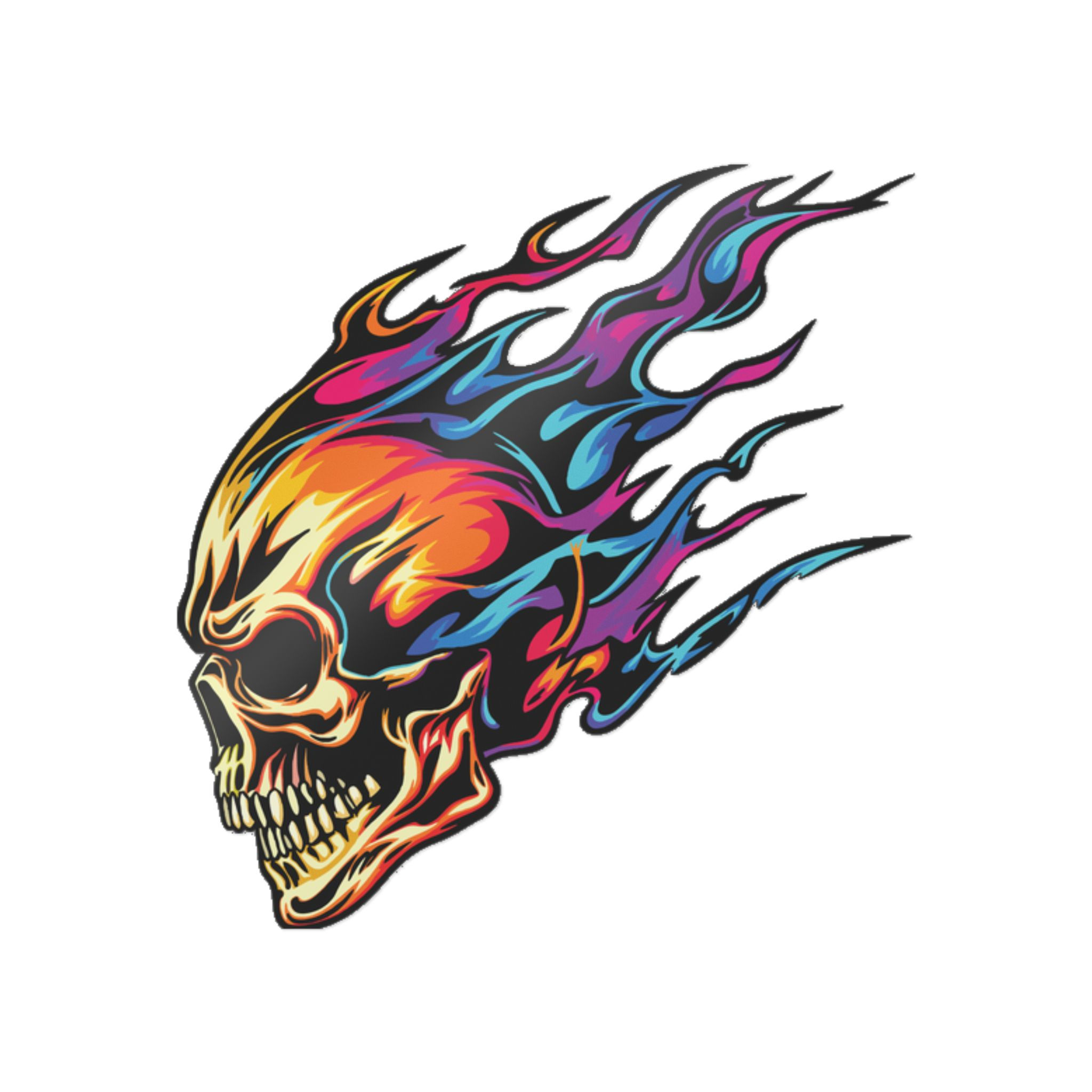 Flaming Neon Skull Sticker Left Facing | Die-Cut Sticker