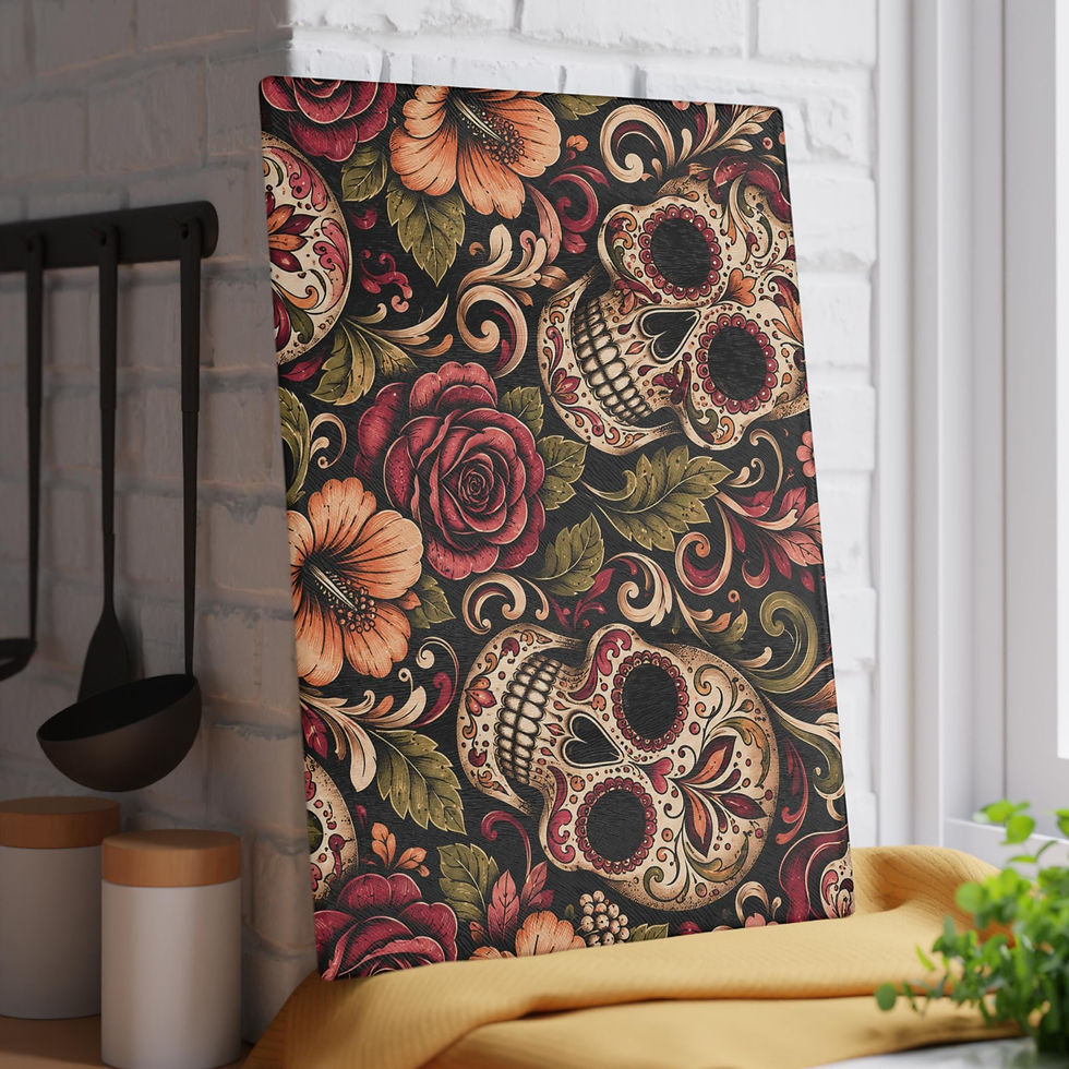 Thumbnail: Day of the Dead Sugar Skull Glass Cutting Board  Floral Kitchen Decor