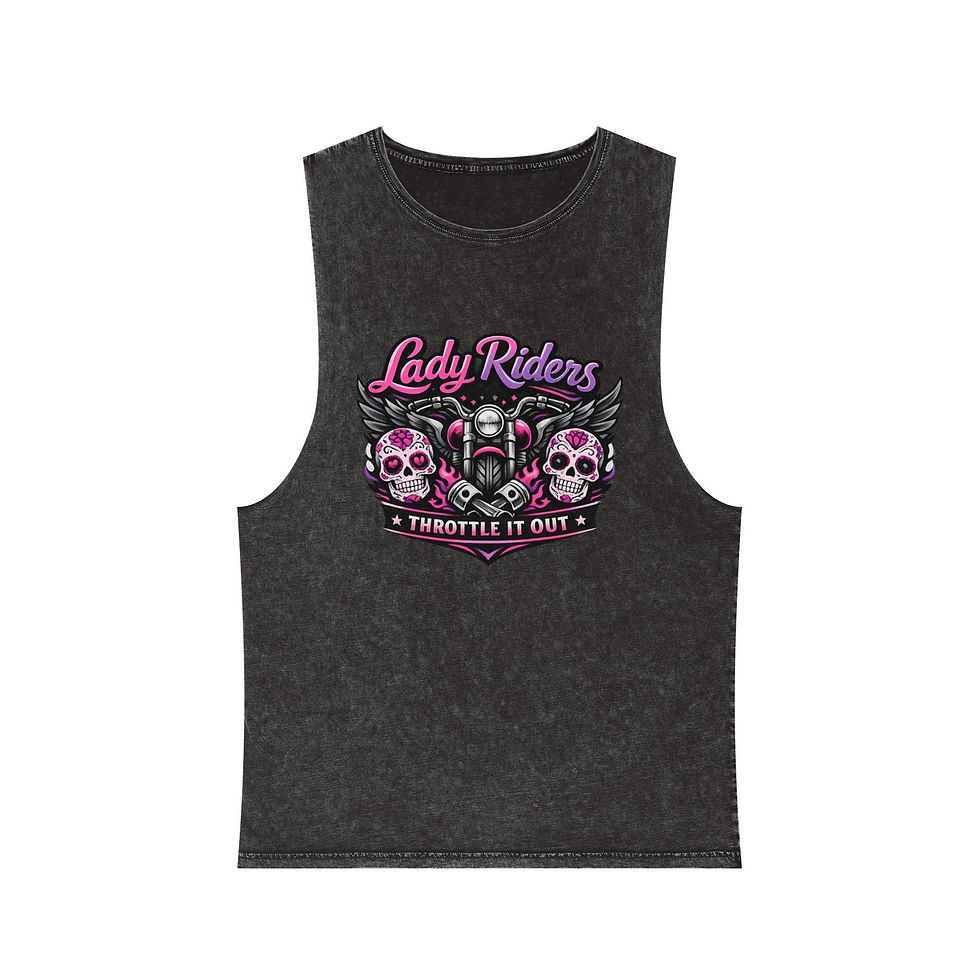 Thumbnail: Lady Riders Skull Motorcycle Throttle it out Tank Top | Biker Graphic Stonewash