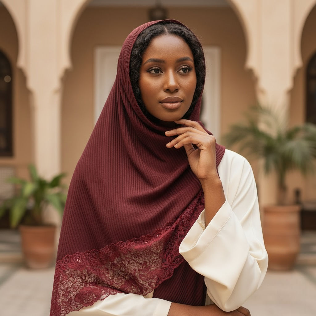 Maryam's Essential Plain Cotton Viscose Lace Edge Wrinkle with Beads Hijab