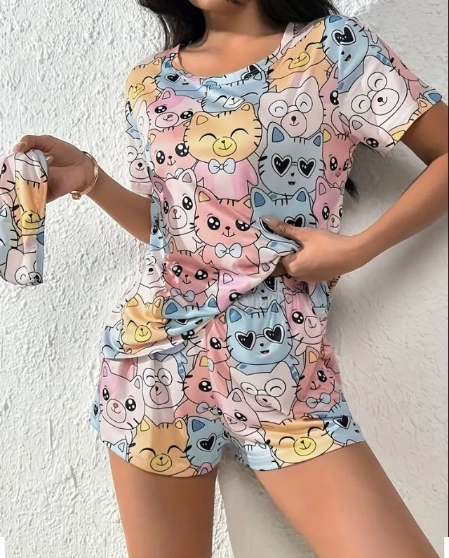 Thumbnail: Maryam’s Essential Cat  Print Round Neck Top and Short Eye Mask Sleepwear Set