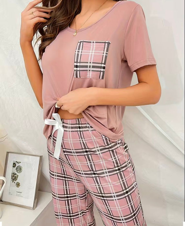 Thumbnail: Maryam’s Essential Plaid Print Crew Neck Short Sleeve Sleepwear Set 