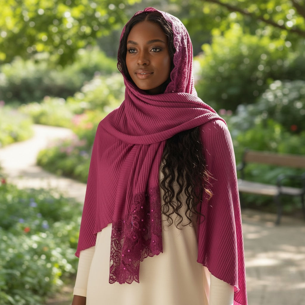 Maryam's Essential Plain Cotton Viscose Lace Edge Wrinkle with Beads Hijab