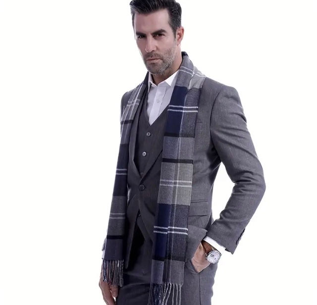 Thumbnail: Maryam’s Essential Luxury Plaid Men’s Breathable Tassels Thick Warm Scarf 