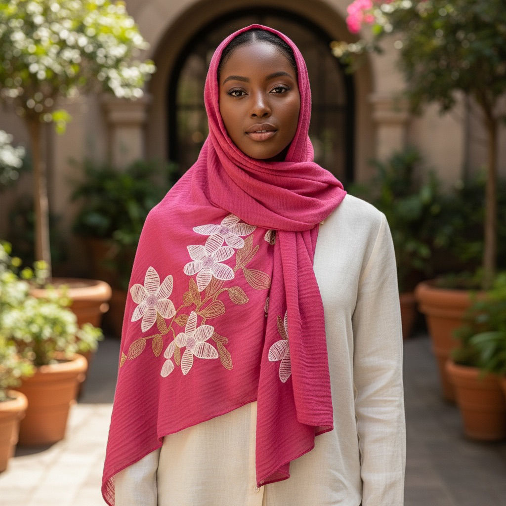 Maryam's Essential Premium Lilies Embroidered Cotton Hijab/Scarf
