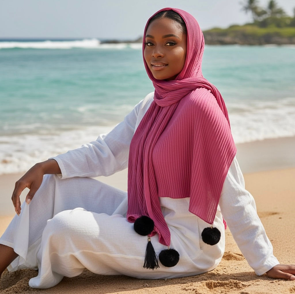 Maryam's Essential Premium Cotton Viscose Pleated Crinkle with Pom Pom Hijab