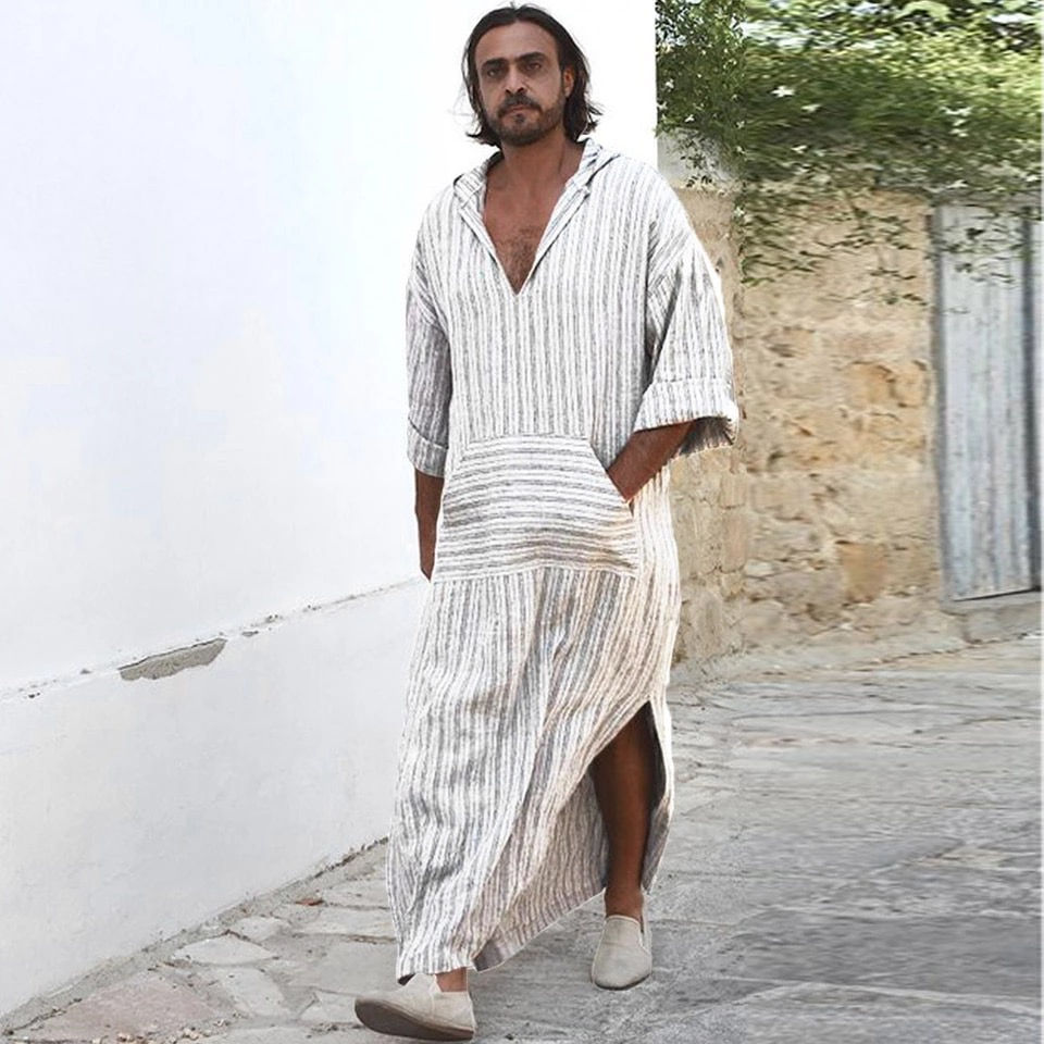 Maryam's Diamond Style Men's Hooded Ethnic Loose Striped Robe