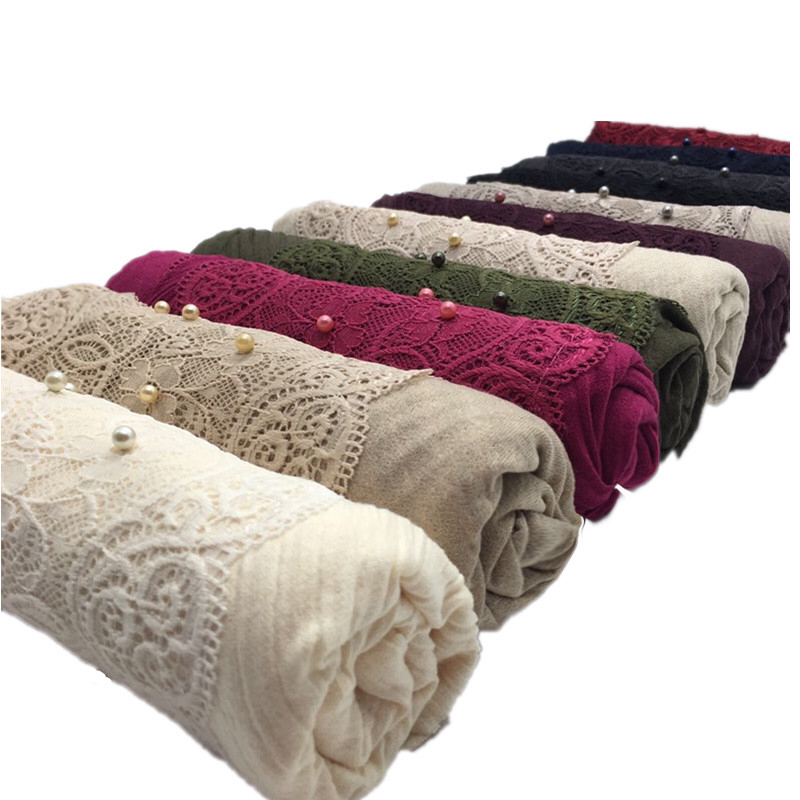 Thumbnail: Maryam's Essential Plain Cotton Viscose Lace Edge Wrinkle with Beads Hijab