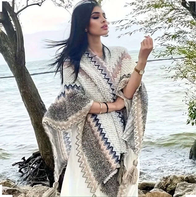 Maryam’s Essential Vintage Knit Chunky Cardigan Shawl Poncho with Tassels