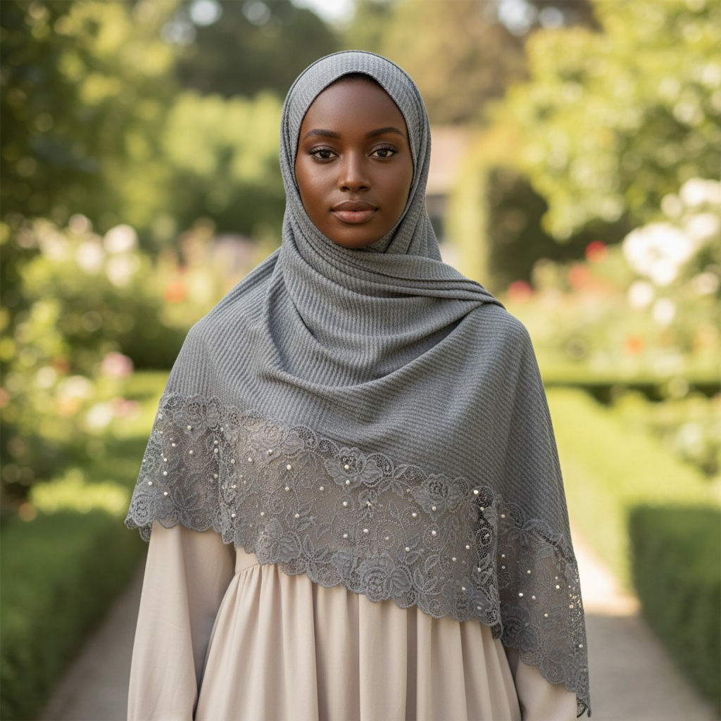 Maryam's Essential Plain Cotton Viscose Lace Edge Wrinkle with Beads Hijab