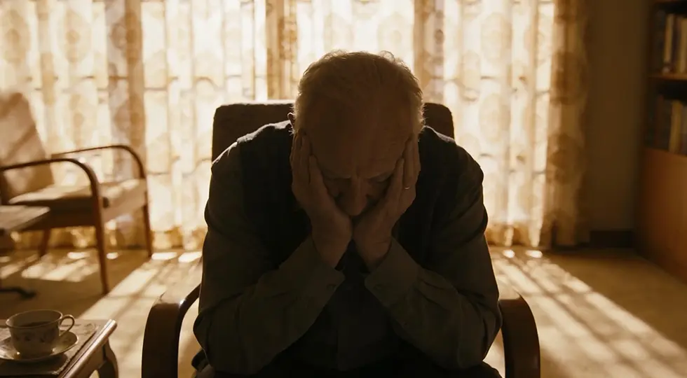 Ein Senior sitzt im Dämmerlicht im Wohnzimmer und legt den Kopf in die Hände.