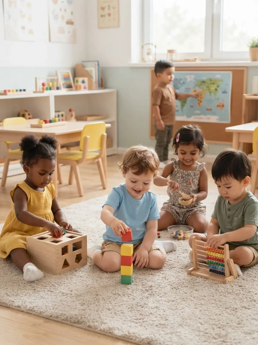 Studio photography of a diverse group of toddlers playing with educational wooden toys on a bright, cheerful classroom carpet. The atmosphere is warm and inviting, capturing a scene of early childhood development.