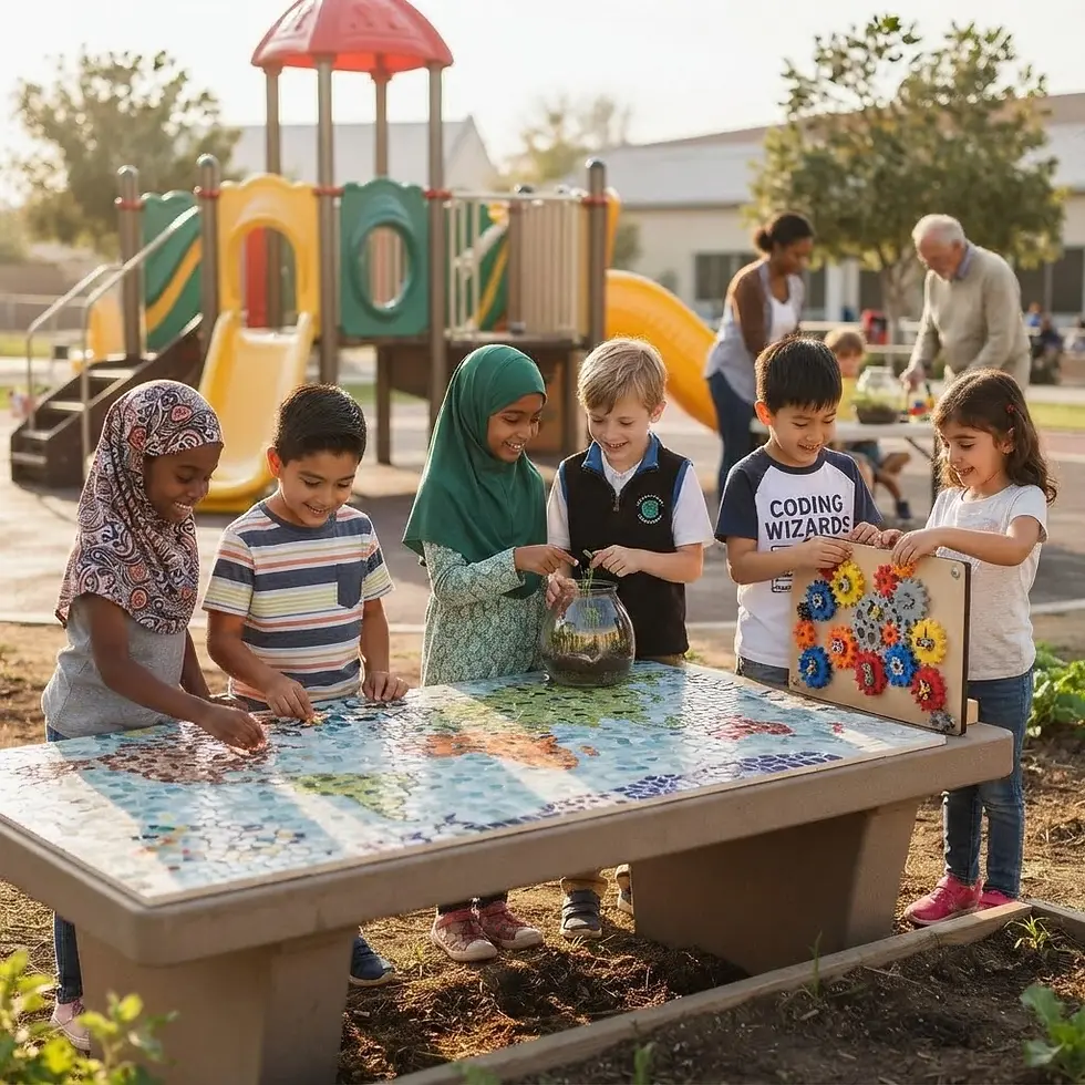 Lifestyle photography of a diverse group of elementary children working together at an outdoor table in a school playground. The atmosphere is collaborative and bright, highlighting inclusive educational play.