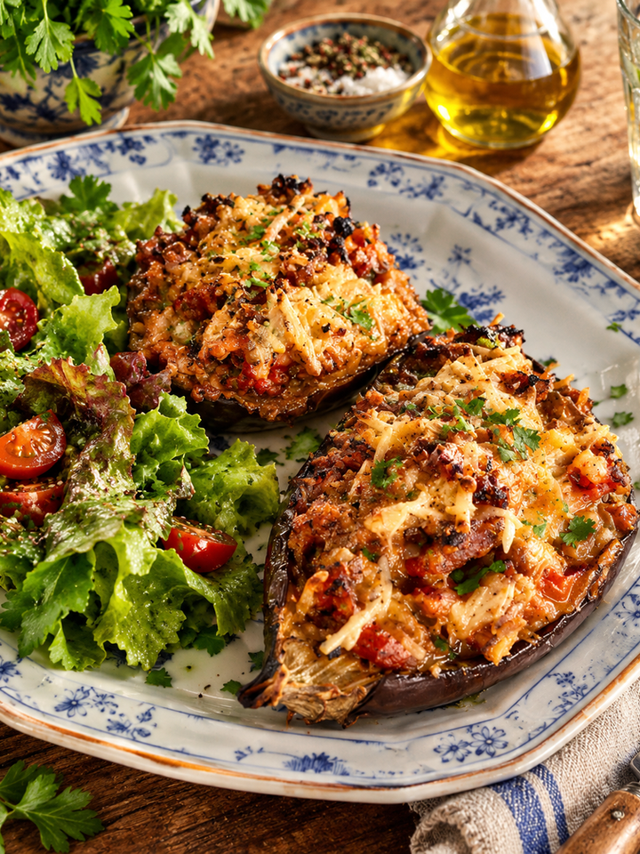 Aubergines farcies gratinées servies avec une salade verte