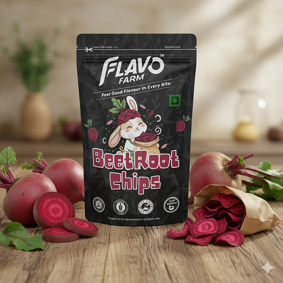 Flavo Farm beetroot chips showing their rich red color and crispy texture, offering a wholesome vegetable chip experience ful