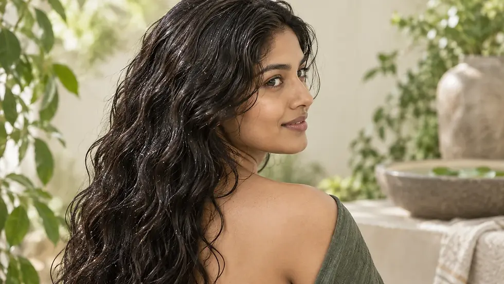 South Asian woman looks over her shoulder, showing long dark wavy hair beaded with water in a softly lit botanical setting