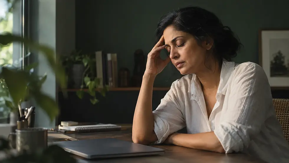 Woman pausing at her desk with eyes closed and fingers resting against her temple