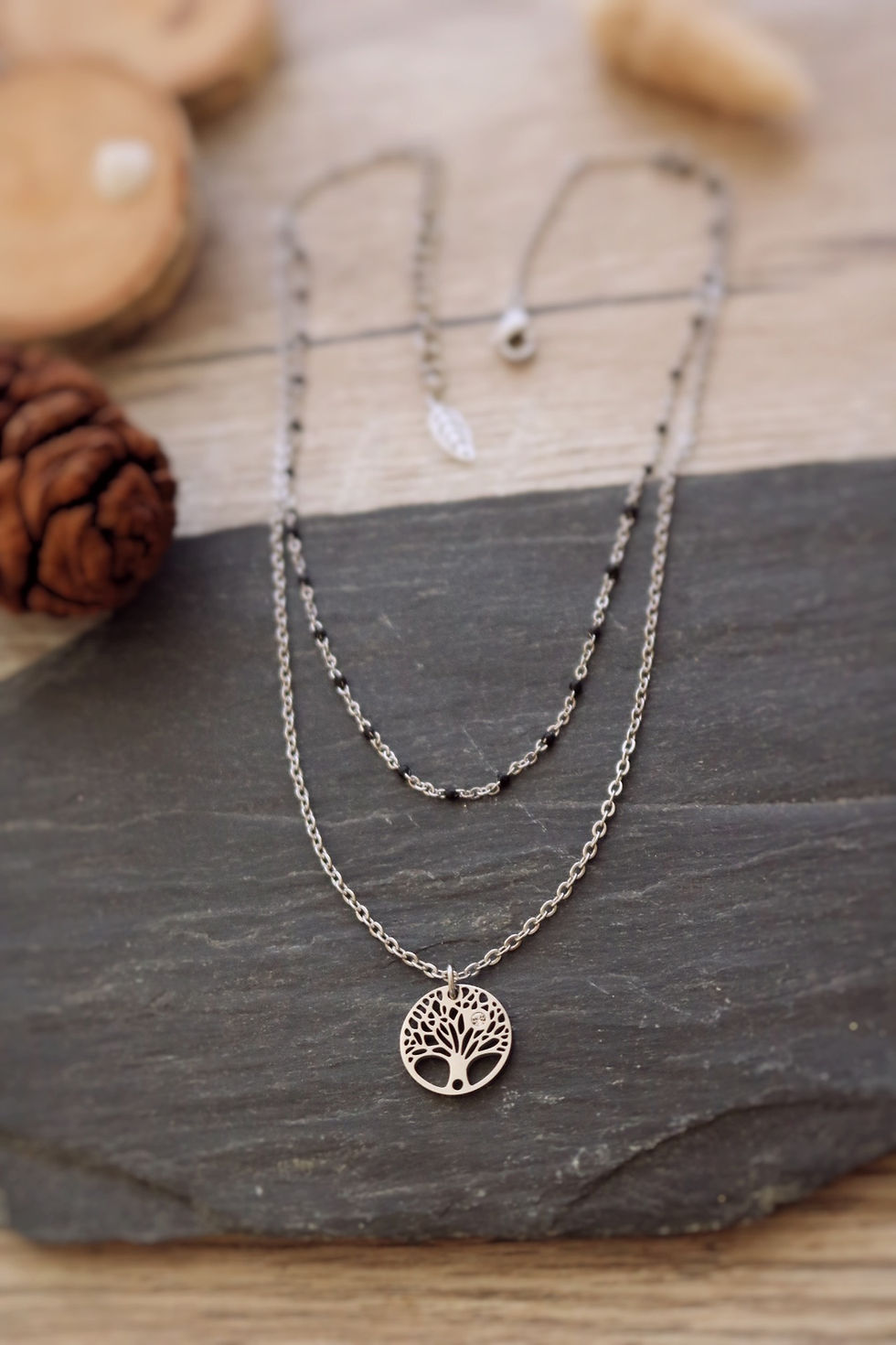 Miniature : Article : Collier double arbre de vie avec zircon acier inoxydable réglable artisanal
