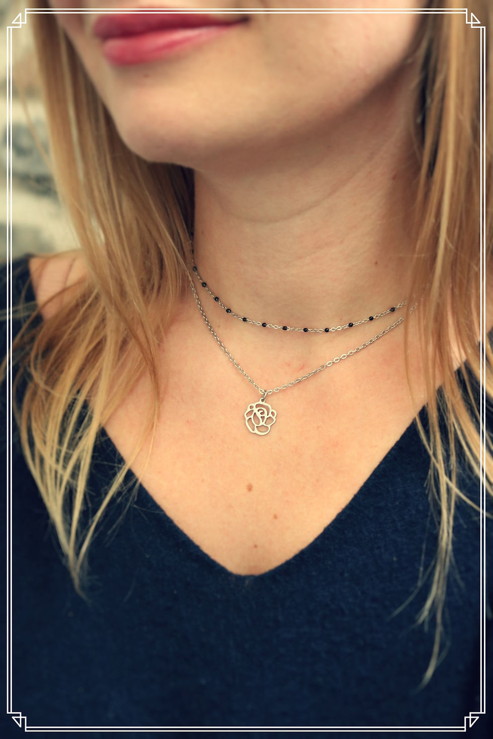 Article : Collier double fleur rose acier inoxydable réglable fait main