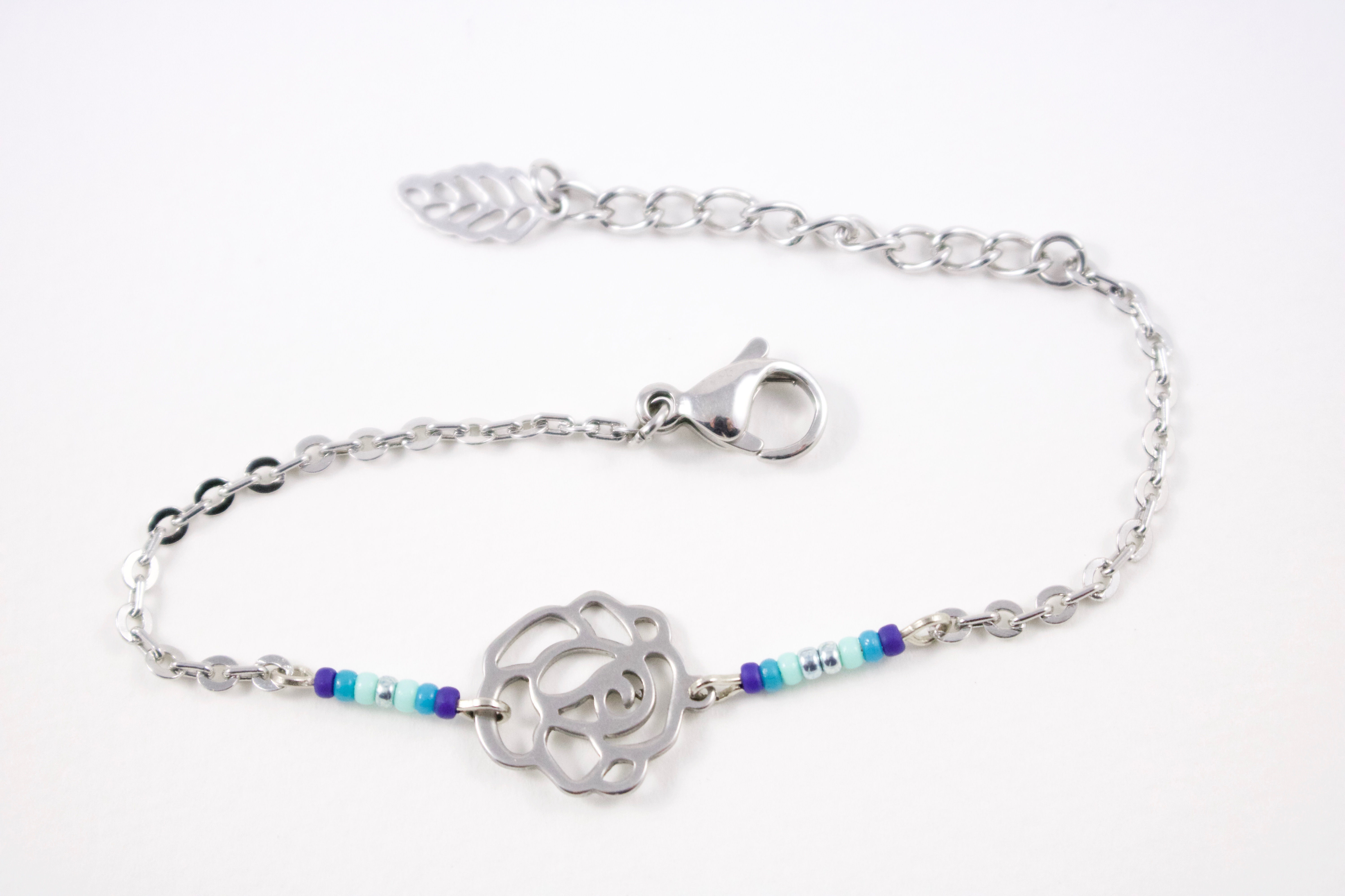 Bracelet acier fleur bleu réglable inoxydable bohème miyuki