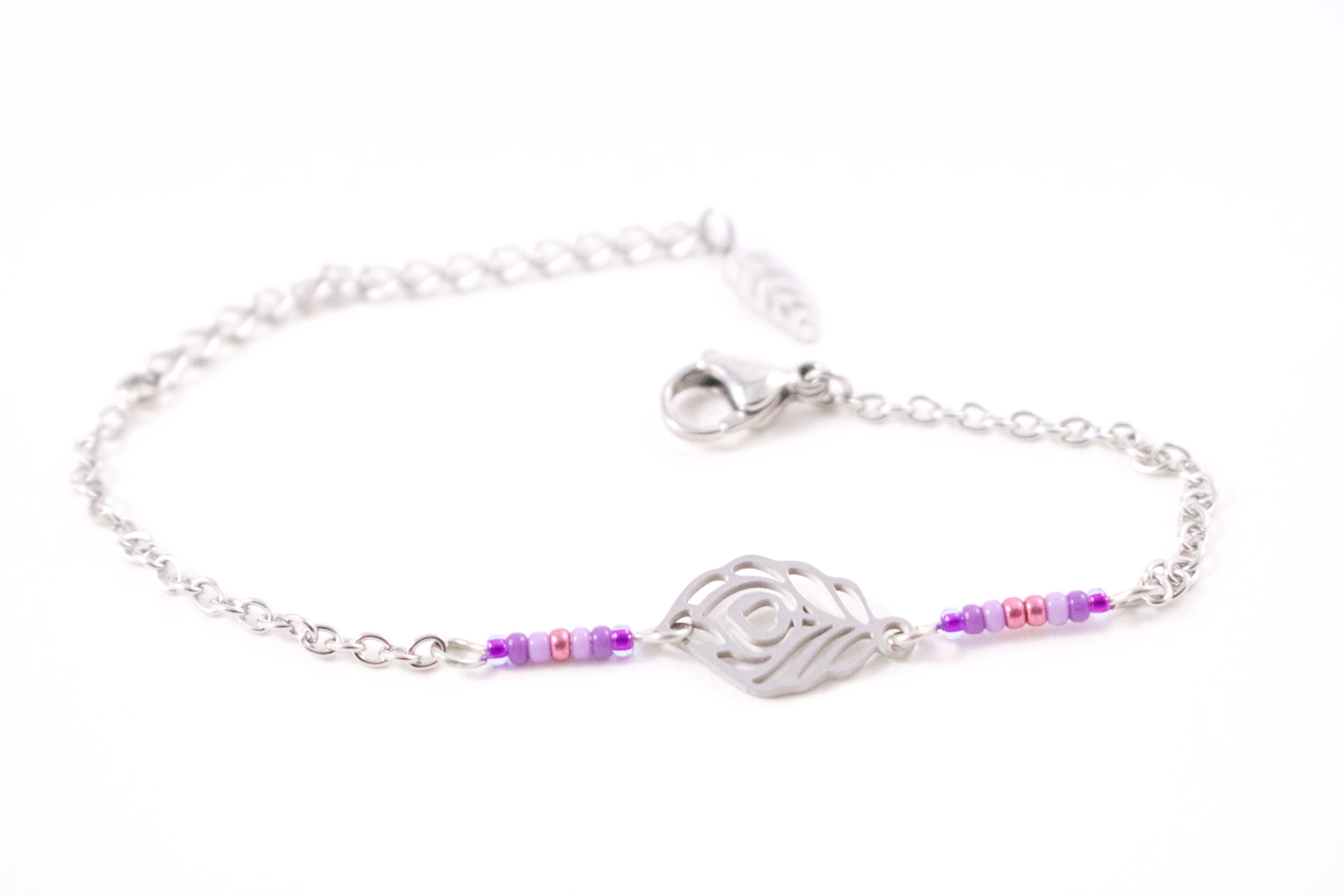 Bracelet acier plume de paon violet réglable inoxydable bohème miyuki